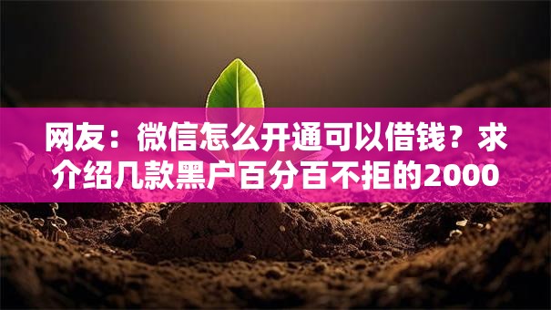 网友:微信怎么开通可以借钱?求介绍几款黑户百分百不拒的2000借款口子 网友:微信怎么开通可以借钱?求介绍几款黑户百分百不拒的2000借款口子
